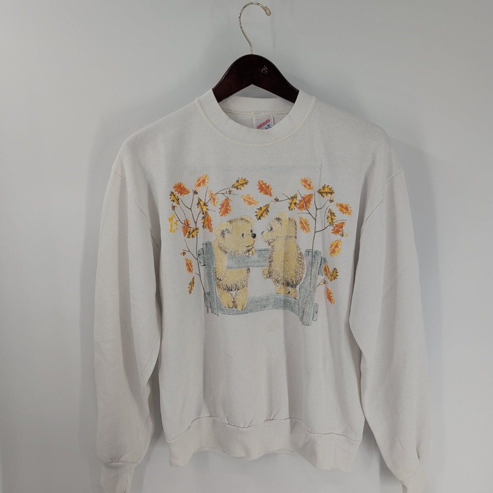 Vintage Y2K Jerzees Cute Bear Outdoor Graphic Pullover Sweatshirt White Size M - Picture 2 of 10